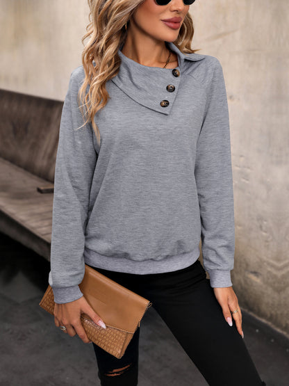 Perfee Mock Neck Raglan Sleeve Buttoned Sweatshirt