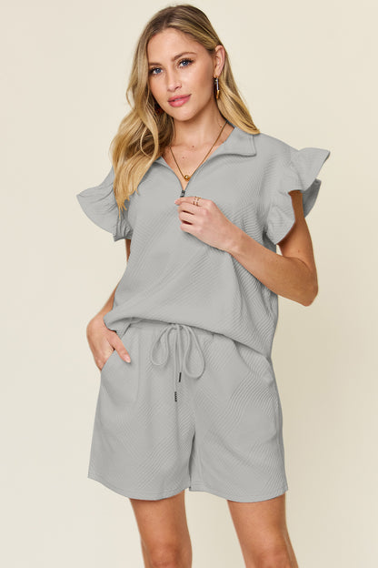 Double Take Full Size Texture Flounce Sleeve Top and Drawstring Shorts Set - UrbanEthereal