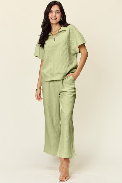 Double Take Full Size Texture Half Zip Short Sleeve Top and Pants Set - UrbanEthereal