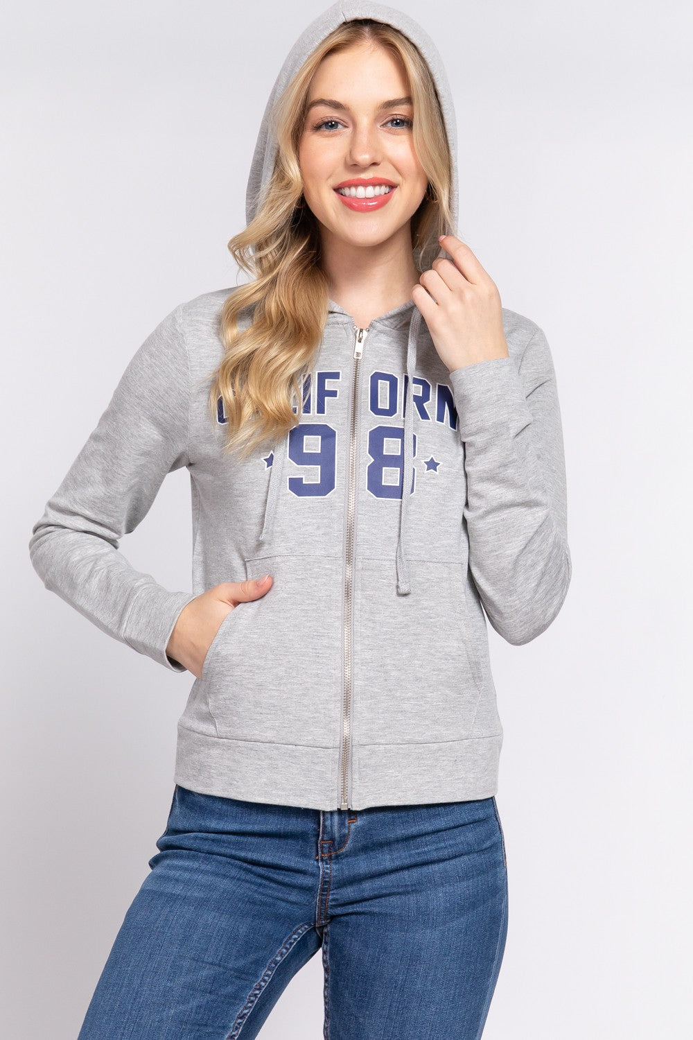 ACTIVE BASIC CALIFORNIA Zip Up Drawstring Long Sleeve Hoodie - UrbanEthereal