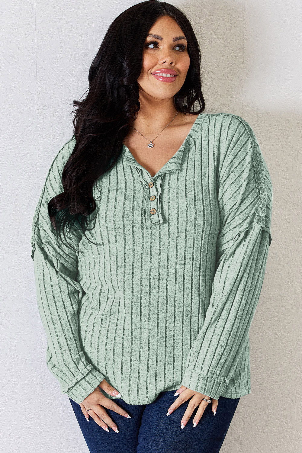 Basic Bae Full Size Ribbed Half Button Long Sleeve T-Shirt - UrbanEthereal