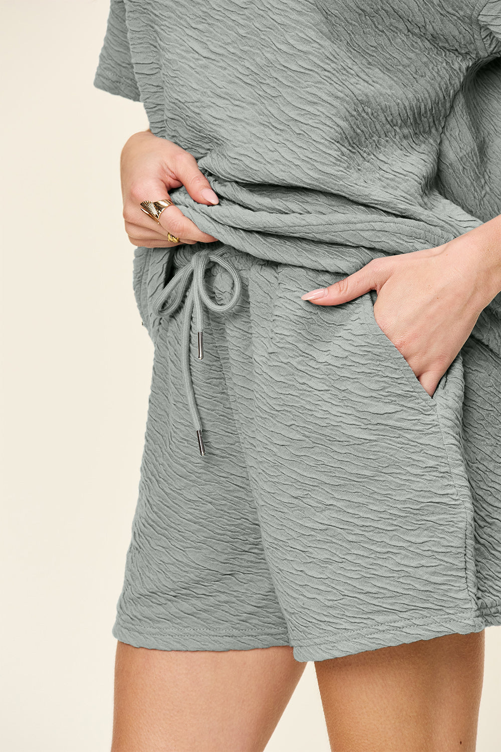 Double Take Full Size Texture Short Sleeve T-Shirt and Drawstring Shorts Set - UrbanEthereal