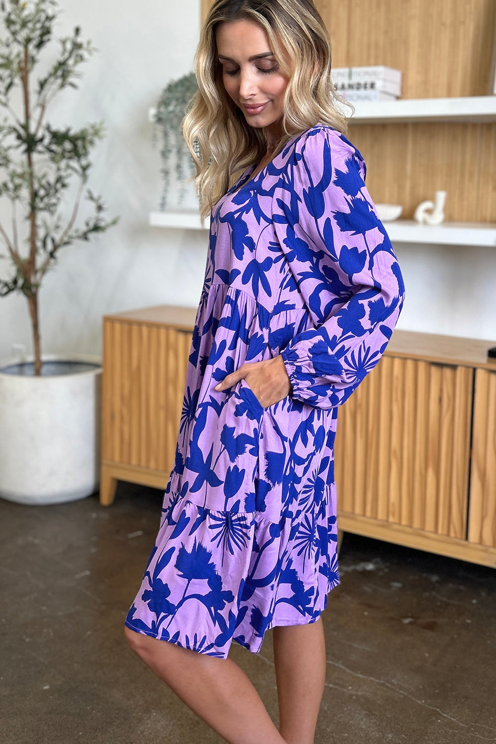 Double Take Full Size Printed Ruffle Hem Dress with Pocket - UrbanEthereal