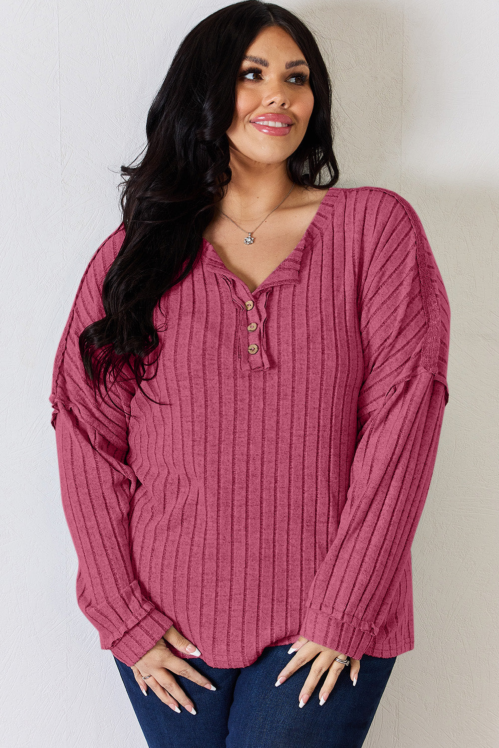 Basic Bae Full Size Ribbed Half Button Long Sleeve T-Shirt - UrbanEthereal