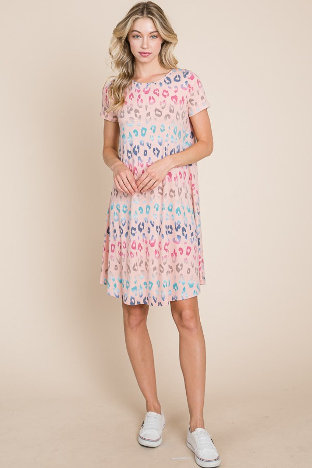 BOMBOM Leopard Round Neck Short Sleeve Dress - UrbanEthereal