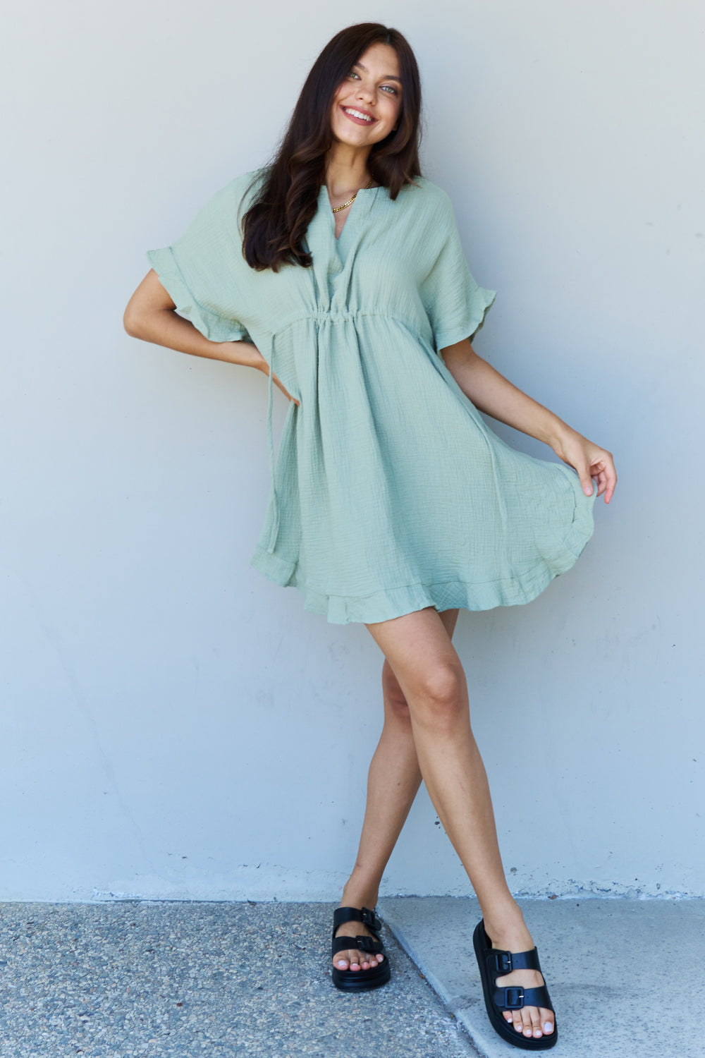 Ninexis Out Of Time Full Size Ruffle Hem Dress with Drawstring Waistband in Light Sage - UrbanEthereal