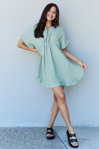 Ninexis Out Of Time Full Size Ruffle Hem Dress with Drawstring Waistband in Light Sage - UrbanEthereal
