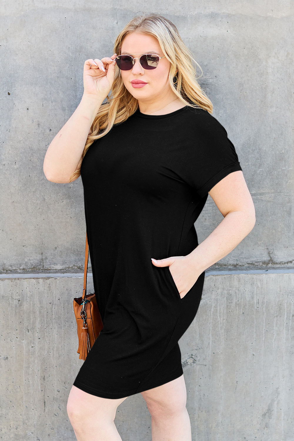Basic Bae Bamboo Full Size Round Neck Short Sleeve Dress with Pockets - UrbanEthereal