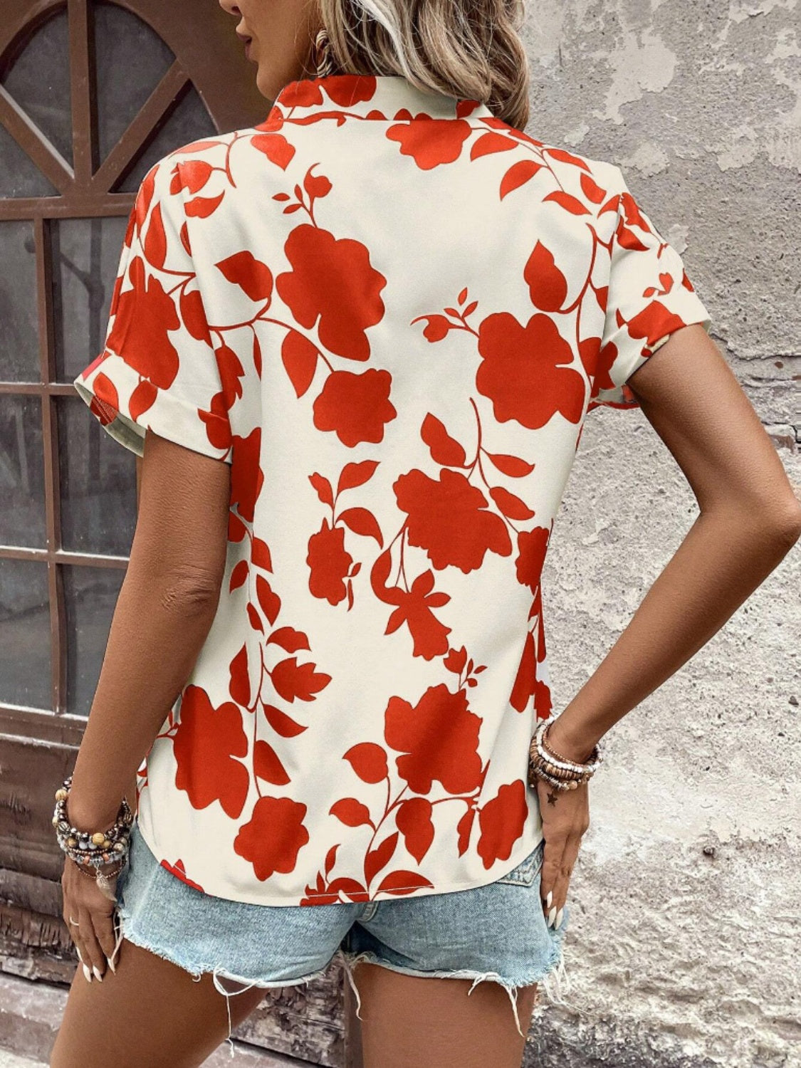 Flower Notched Short Sleeve Blouse - UrbanEthereal