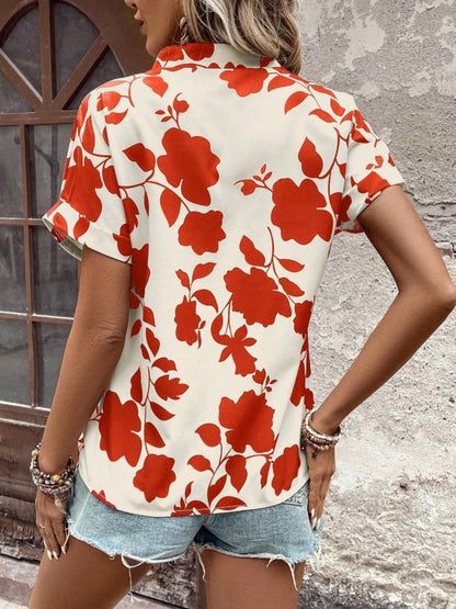 Flower Notched Short Sleeve Blouse - UrbanEthereal