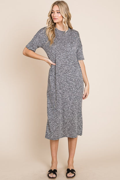 BOMBOM Slit Round Neck Half Sleeve Midi Dress - UrbanEthereal