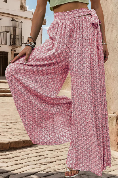 Perfee Printed Tied Wide Leg Pants