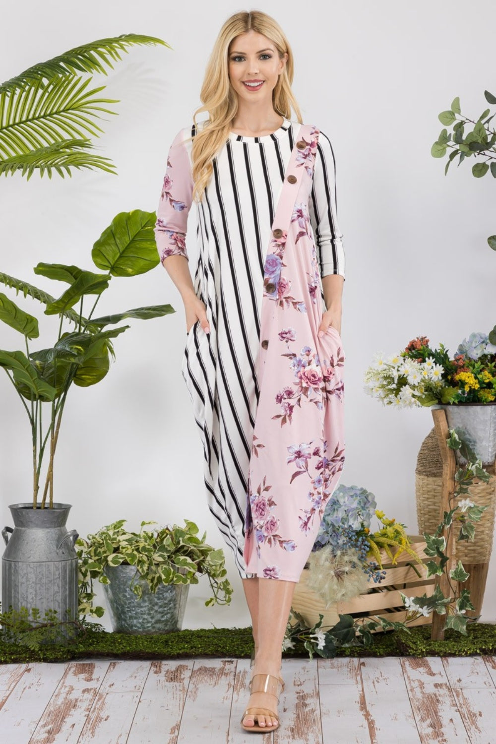 Celeste Full Size Floral Striped Contrast Midi-Dress with Pockets - UrbanEthereal