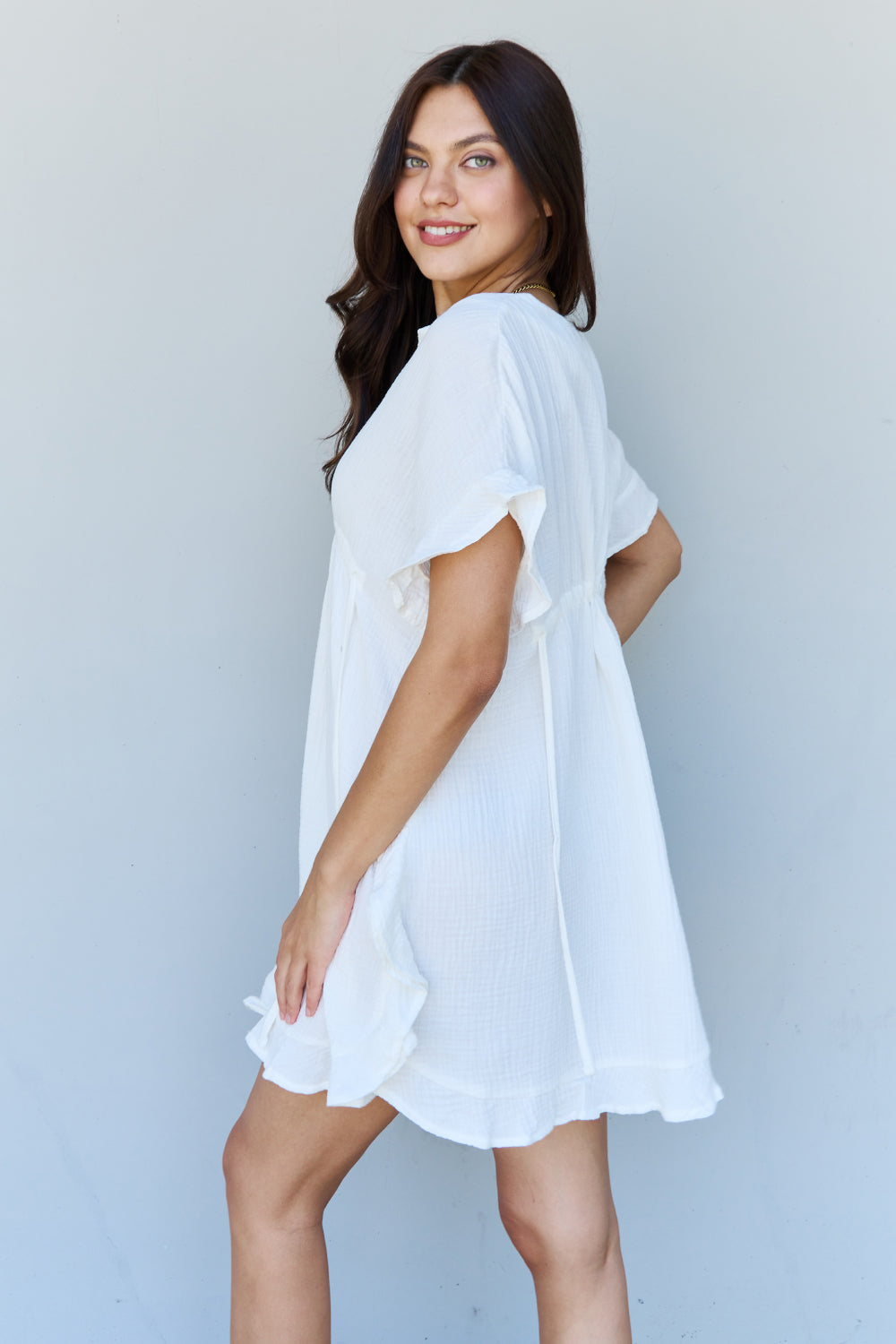 Ninexis Out Of Time Full Size Ruffle Hem Dress with Drawstring Waistband in White - UrbanEthereal