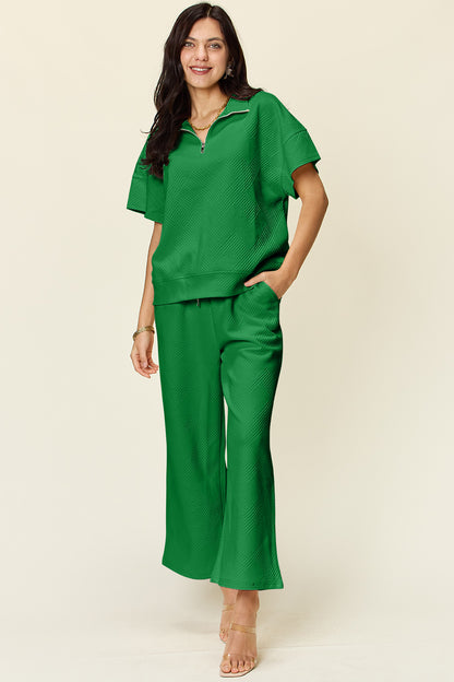 Double Take Full Size Texture Half Zip Short Sleeve Top and Pants Set - UrbanEthereal