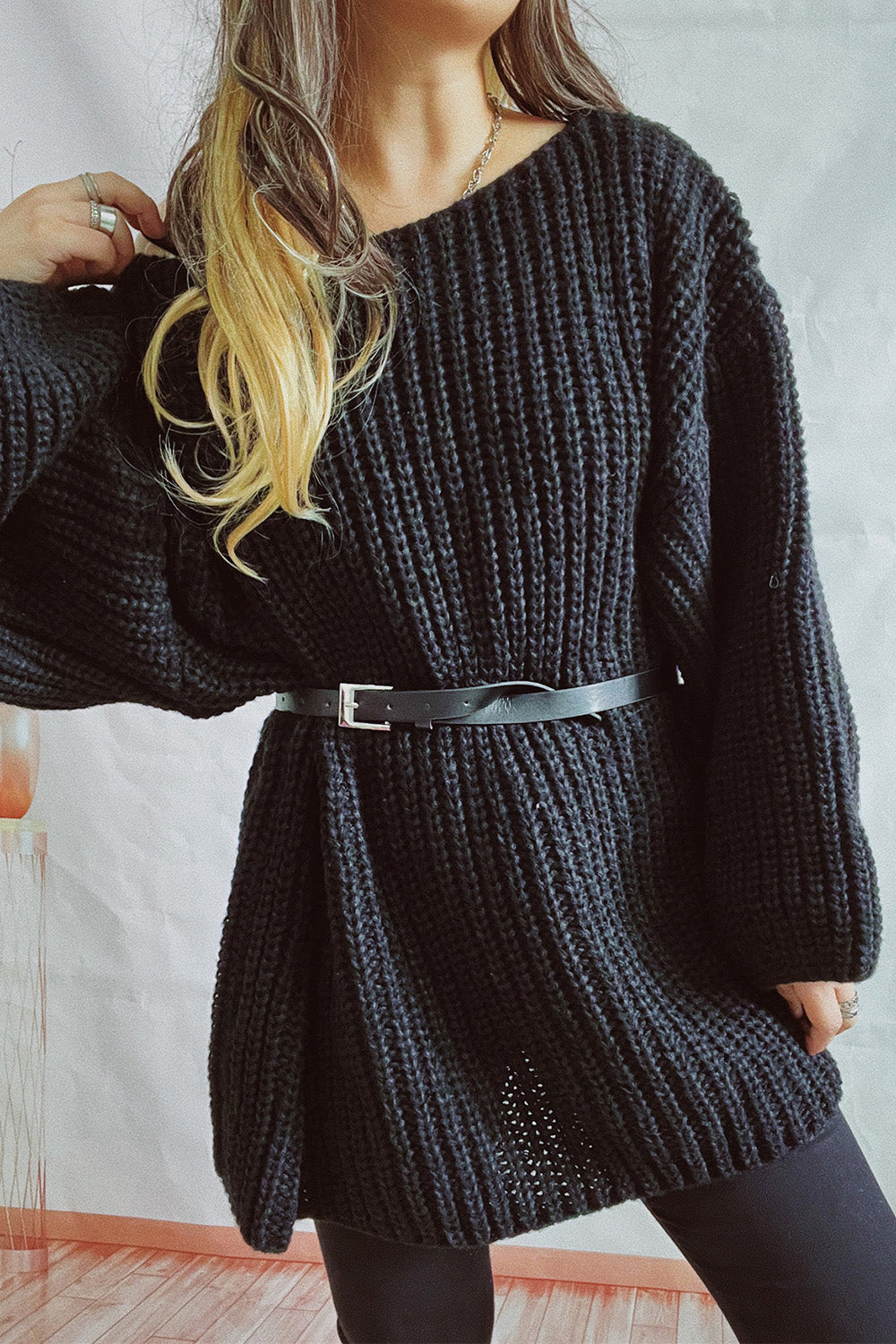 Boat Neck Dropped Shoulder Mini Sweater Dress