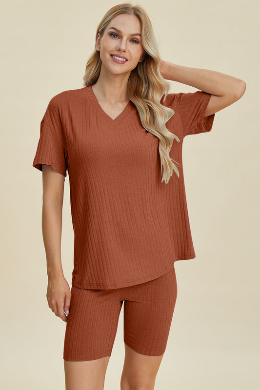 Basic Bae Full Size Ribbed V-Neck Short Sleeve Top and Shorts Set - UrbanEthereal