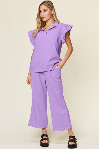 Double Take Texture Ruffle Short Sleeve Top and Drawstring Wide Leg Pants Set - UrbanEthereal