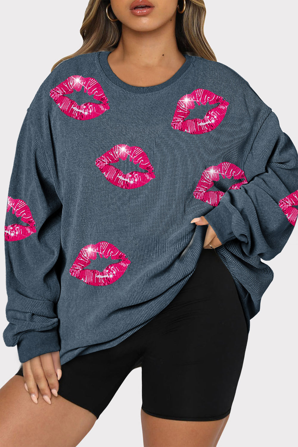 Plus Size Lip Ribbed Round Neck Sweatshirt - UrbanEthereal