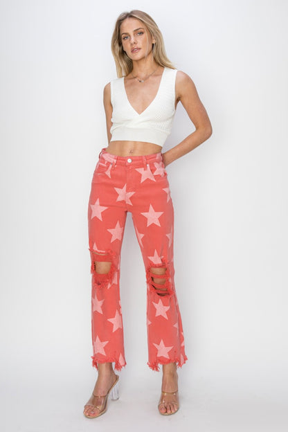 RISEN Full Size Distressed Raw Hem Star Pattern Jeans