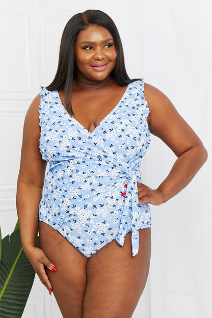 Marina West Swim Full Size Float On Ruffle Faux Wrap One-Piece in Blossom Blue - UrbanEthereal