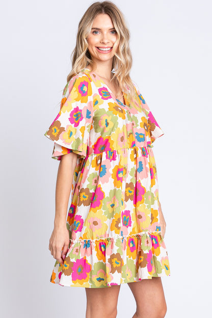 GeeGee Full Size Floral V-Neck Ruffle Trim Mini Dress - UrbanEthereal