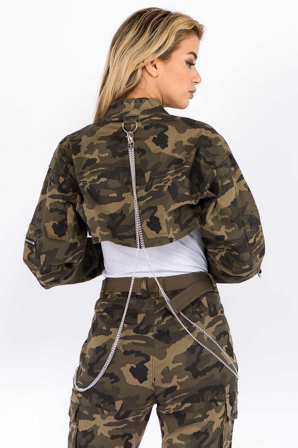 American Bazi Camouflage Cropped Jacket with Chains - UrbanEthereal