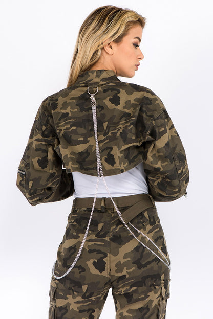American Bazi Camouflage Cropped Jacket with Chains - UrbanEthereal