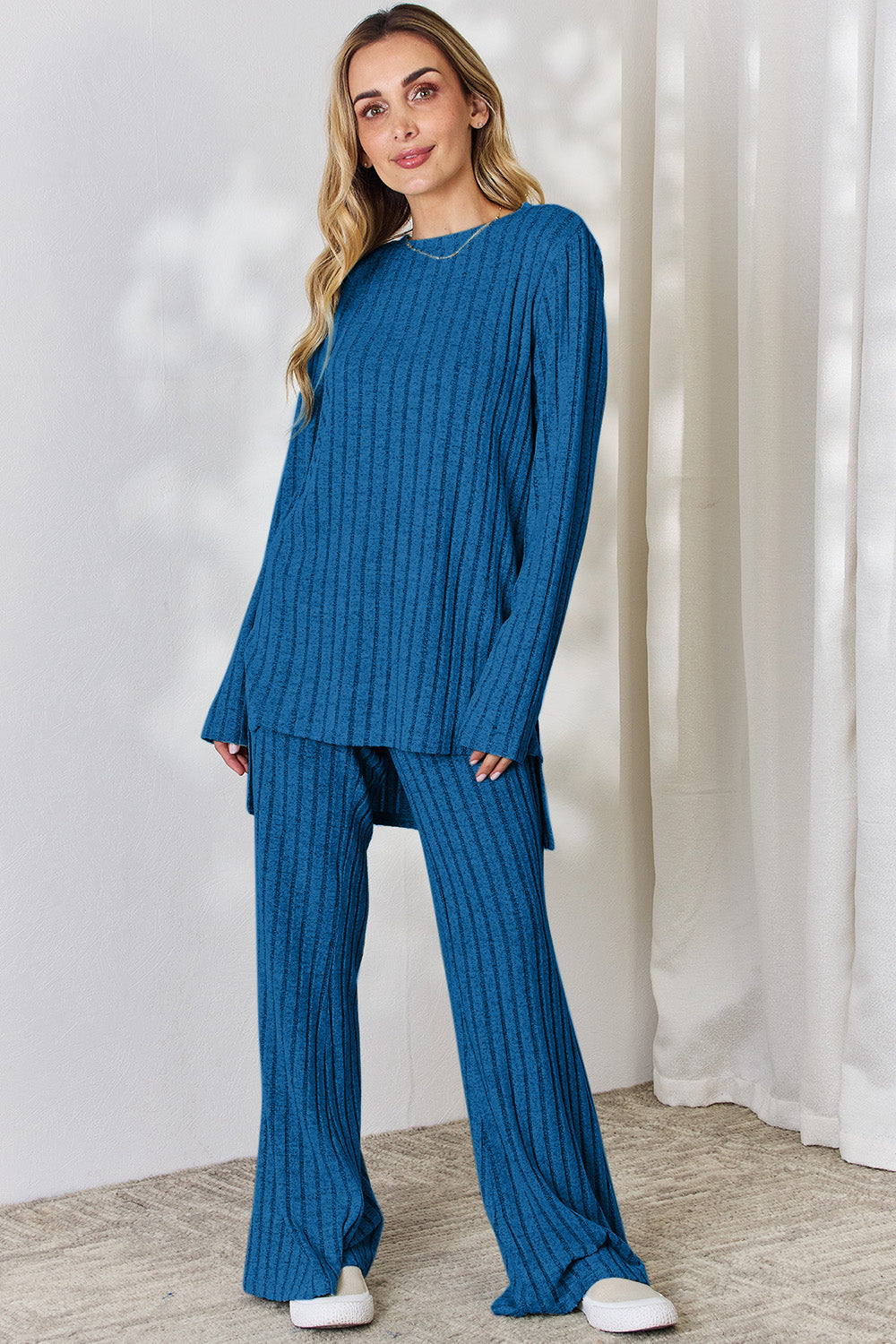 Basic Bae Full Size Ribbed High-Low Top and Wide Leg Pants Set - UrbanEthereal