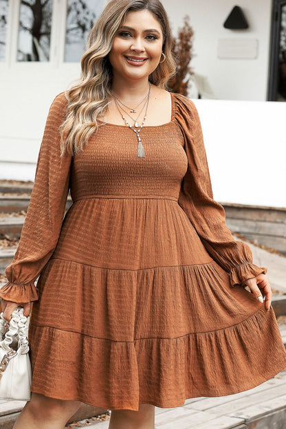 Plus Size Smocked Square Neck Tiered Dress - UrbanEthereal