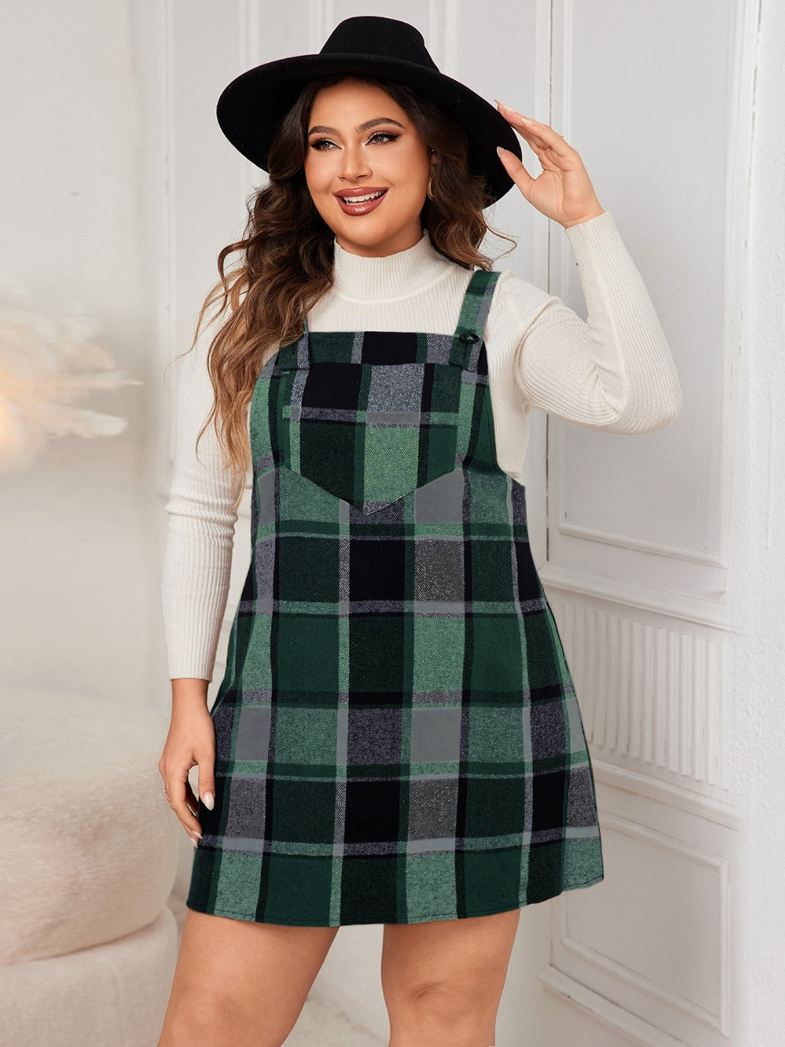 Plus Size Plaid Wide Strap Overall Dress - UrbanEthereal