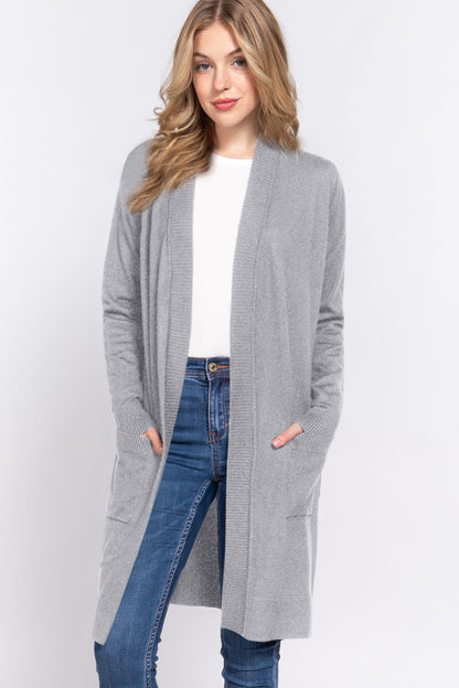 ACTIVE BASIC Open Front Rib Trim Long Sleeve Knit Cardigan - UrbanEthereal