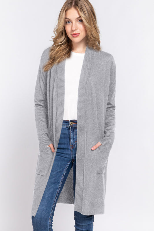 ACTIVE BASIC Open Front Rib Trim Long Sleeve Knit Cardigan - UrbanEthereal