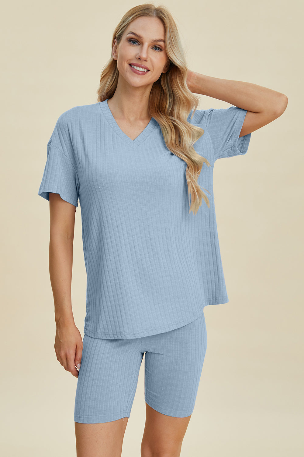 Basic Bae Full Size Ribbed V-Neck Short Sleeve Top and Shorts Set - UrbanEthereal
