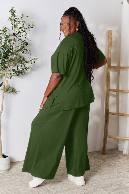 Double Take Full Size Round Neck Slit Top and Pants Set - UrbanEthereal