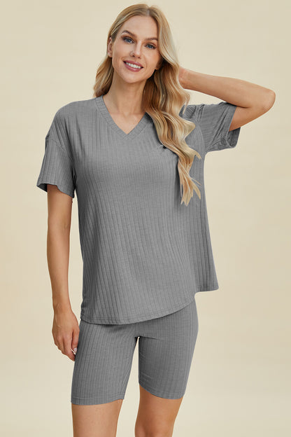 Basic Bae Full Size Ribbed V-Neck Short Sleeve Top and Shorts Set - UrbanEthereal