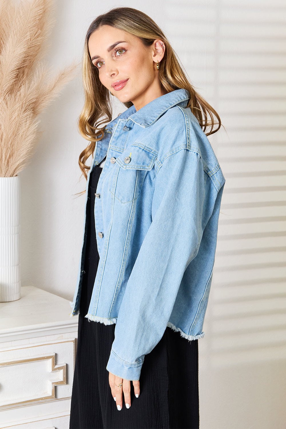 Double Take Dropped Shoulder Raw Hem Denim Jacket - UrbanEthereal