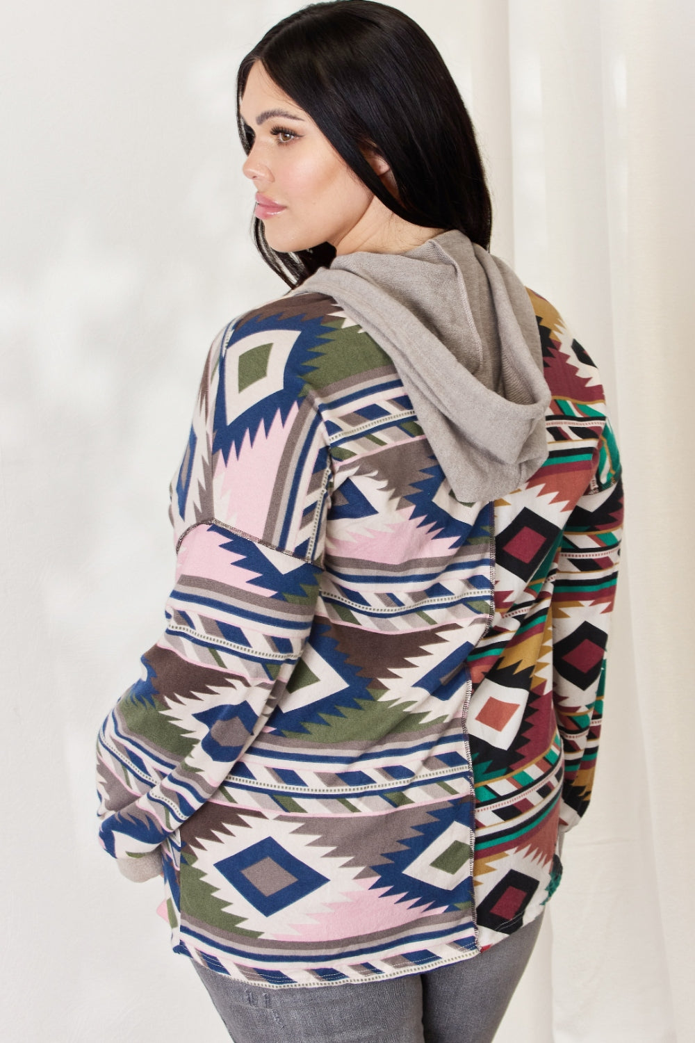 Celeste Full Size Geometric Exposed Seam Drawstring Hoodie - UrbanEthereal