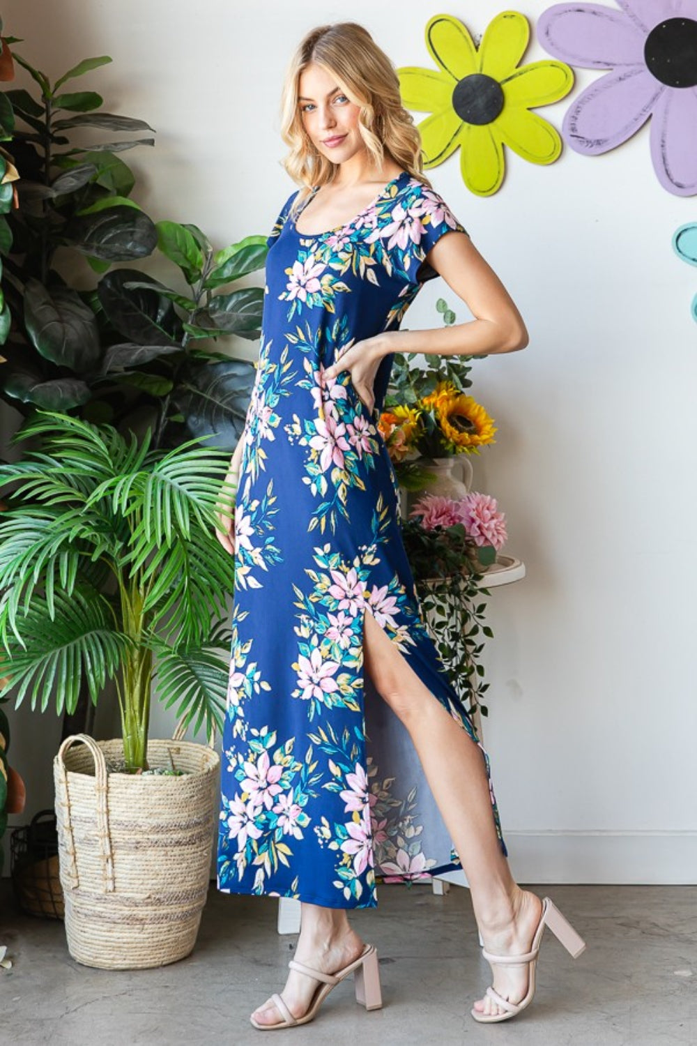 Heimish Full Size Floral Short Sleeve Slit Dress - UrbanEthereal