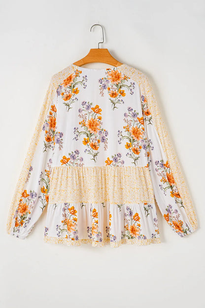 Plus Size Printed Tie Neck Long Sleeve Blouse - UrbanEthereal