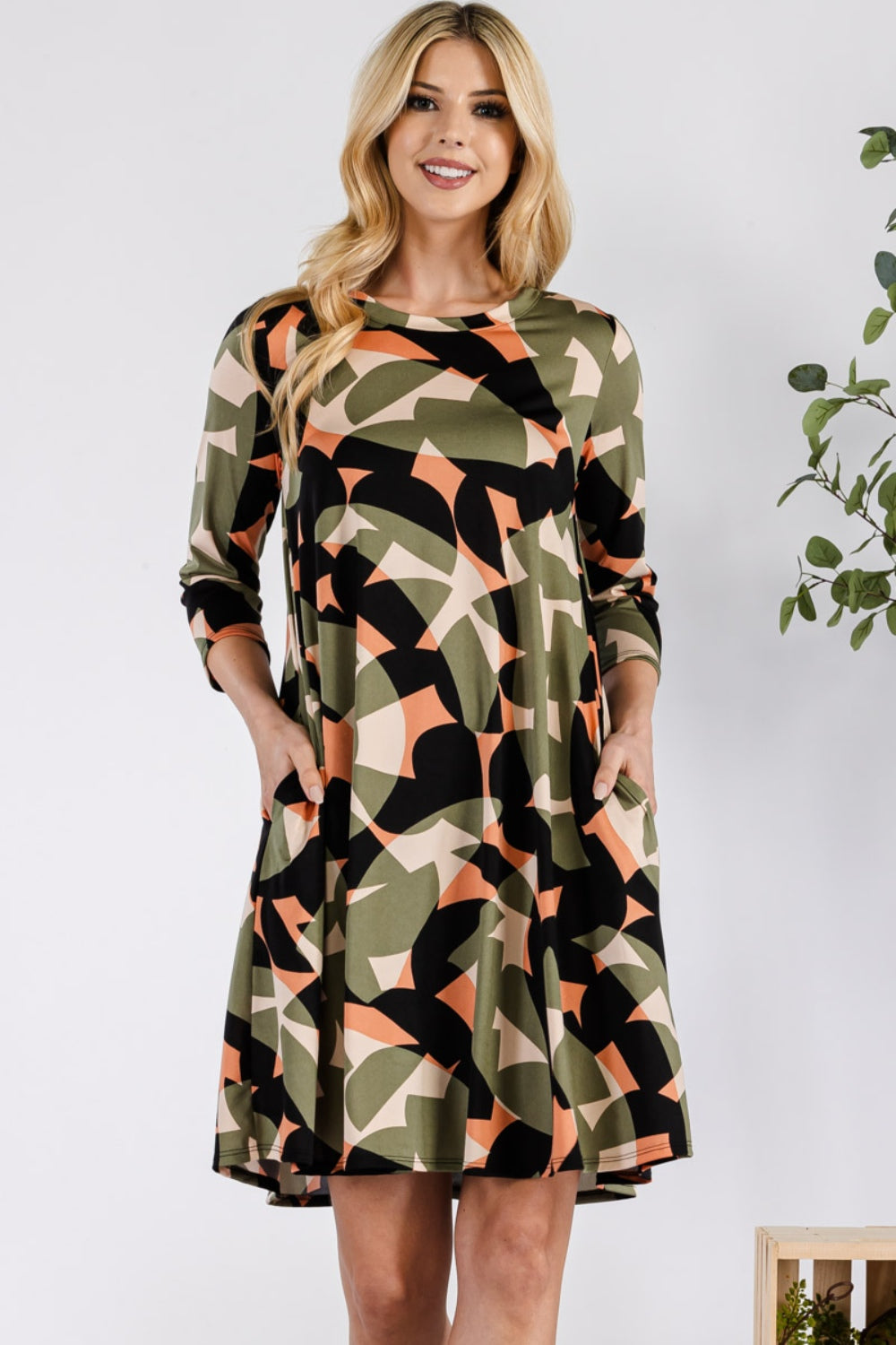 Celeste Full Size Geometric Round Neck Dress with Pockets - UrbanEthereal