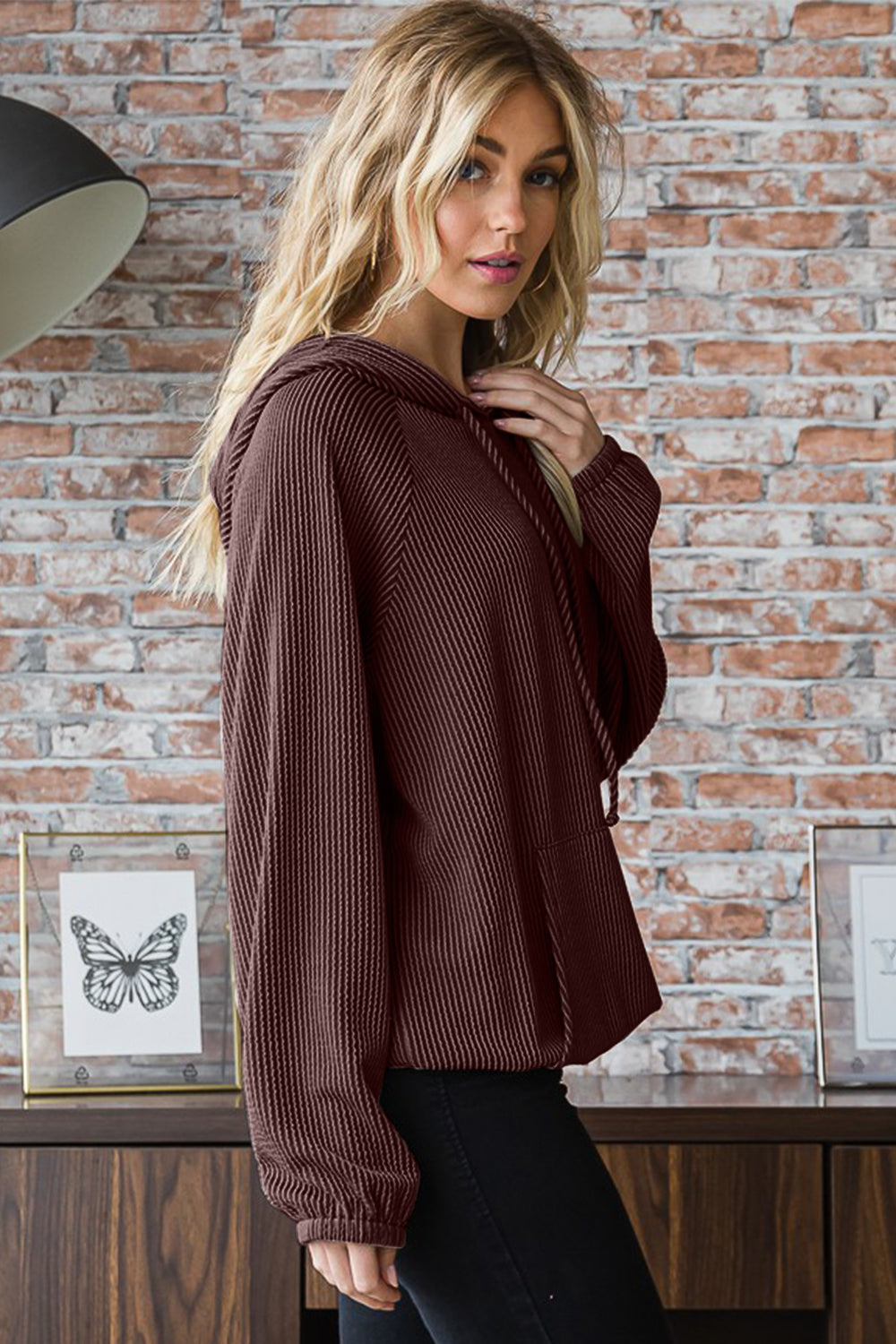 Heimish Ribbed Long Sleeve Hoodie with Kangaroo Pocket - UrbanEthereal