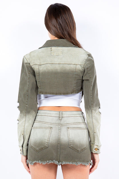 American Bazi Distressed Ombre Washed Cropped Denim Jacket - UrbanEthereal