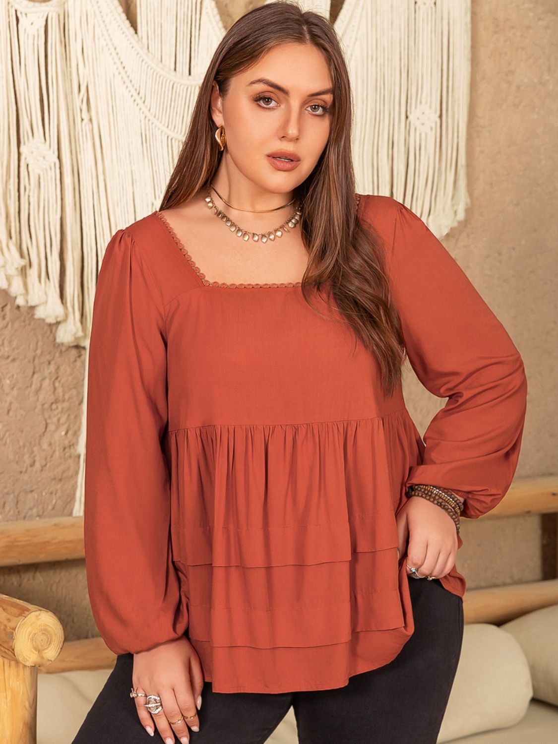 Plus Size Lace Detail Square Neck Long Sleeve Blouse - UrbanEthereal