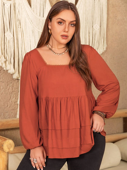 Plus Size Lace Detail Square Neck Long Sleeve Blouse - UrbanEthereal
