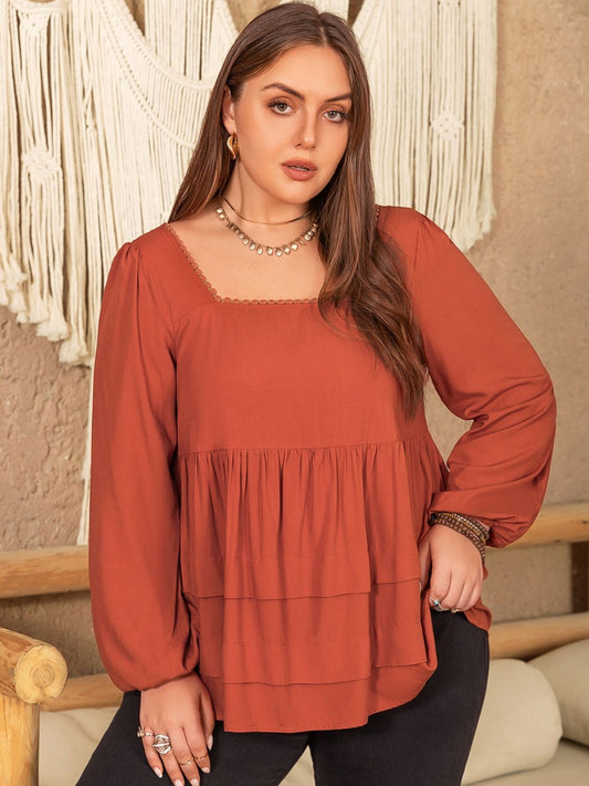 Plus Size Lace Detail Square Neck Long Sleeve Blouse - UrbanEthereal