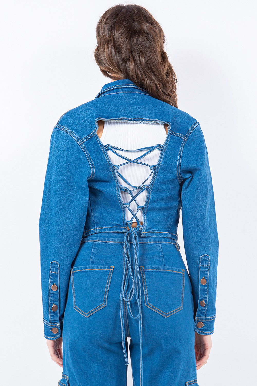 American Bazi Laced Back Cropped Denim Jacket - UrbanEthereal