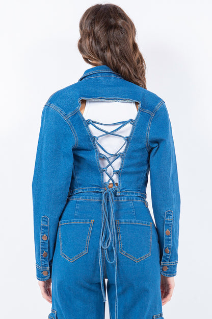 American Bazi Laced Back Cropped Denim Jacket - UrbanEthereal