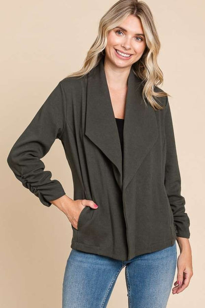 Culture Code Full Size Ruched Open Front Long Sleeve Jacket - UrbanEthereal