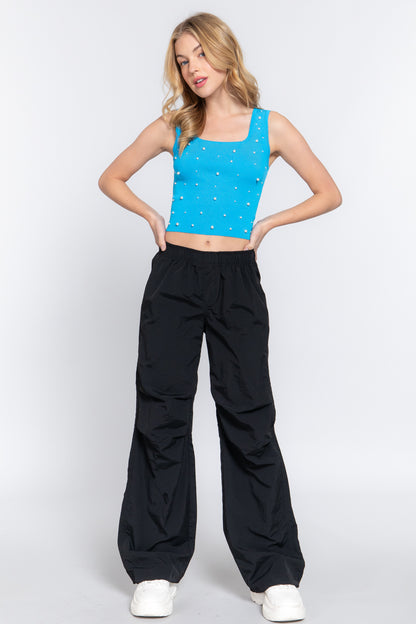 ACTIVE BASIC Pearl Detail Square Neck Cropped Tank - UrbanEthereal